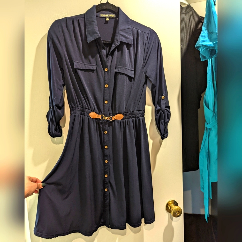Sophisticated navy blue button up dress with leather & gold embellishments - S